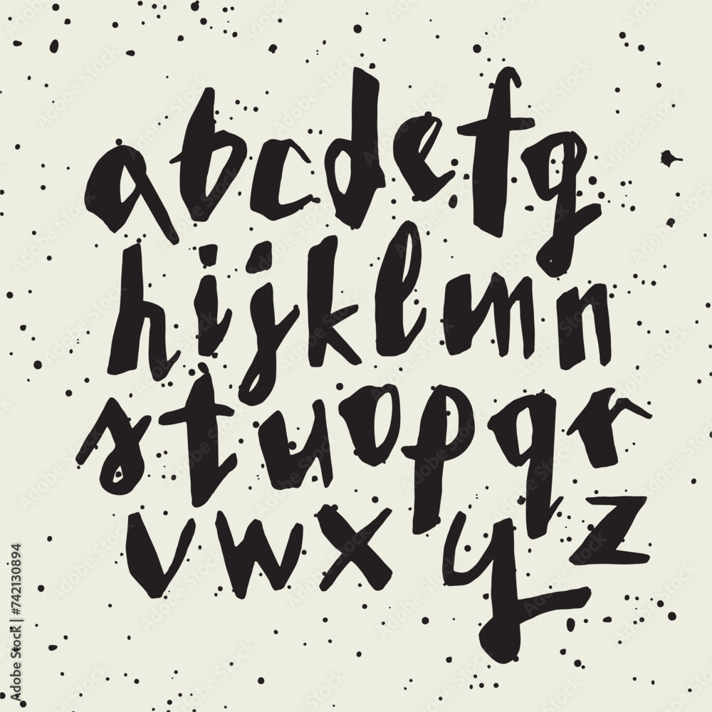 Vector handwritten calligraphic ink alphabet, black on white background. Hand drawn alphabet written with brush pen. Minuscula – small letters. Vector handwritten calligraphic ink alphabet, black on white background. Hand drawn alphabet written with brush pen. Minuscula – small letters.