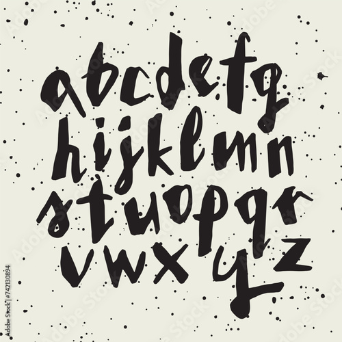 Vector handwritten calligraphic ink alphabet, black on white background. Hand drawn alphabet written with brush pen. Minuscula – small letters. (ID: 742130894)