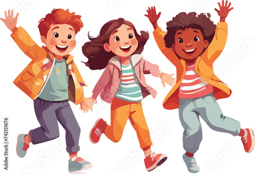 illustration of children in spring. coming home from school wearing a bag, carrying books, studying and playing in the garden when the flowers and leaves bloom in spring.