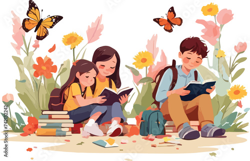 illustration of children in spring. coming home from school wearing a bag, carrying books, studying and playing in the garden when the flowers and leaves bloom in spring.