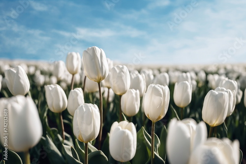 Nature color. May floral bloom. Tulip garden landscape. Sunny flower field. Spring season background. Fresh plant bulb grow. April leaf close up Light day park Bright sun blue sky. Green grass beauty.