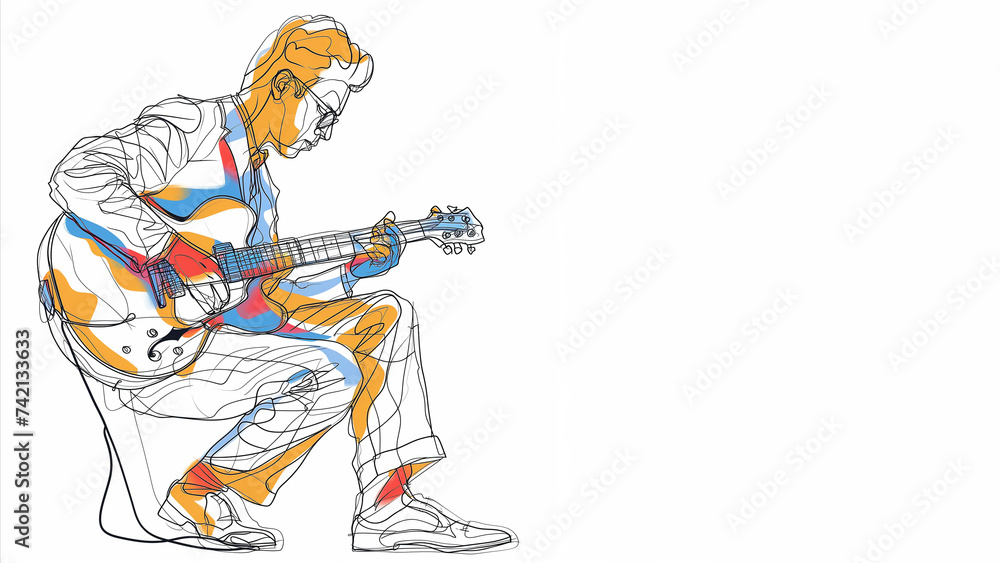 Guitar jazz player, single continuous line drawn on white background with colour splash, copy space, great for any kind of music banner, 16:9
