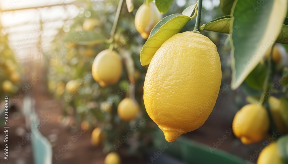 Organic lemons ripening on tree in greenhouse with copy space, healthy fruit growing concept