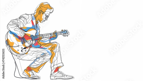 Guitar jazz player  single continuous line drawn on white background with colour splash  copy space  great for any kind of music banner  16 9