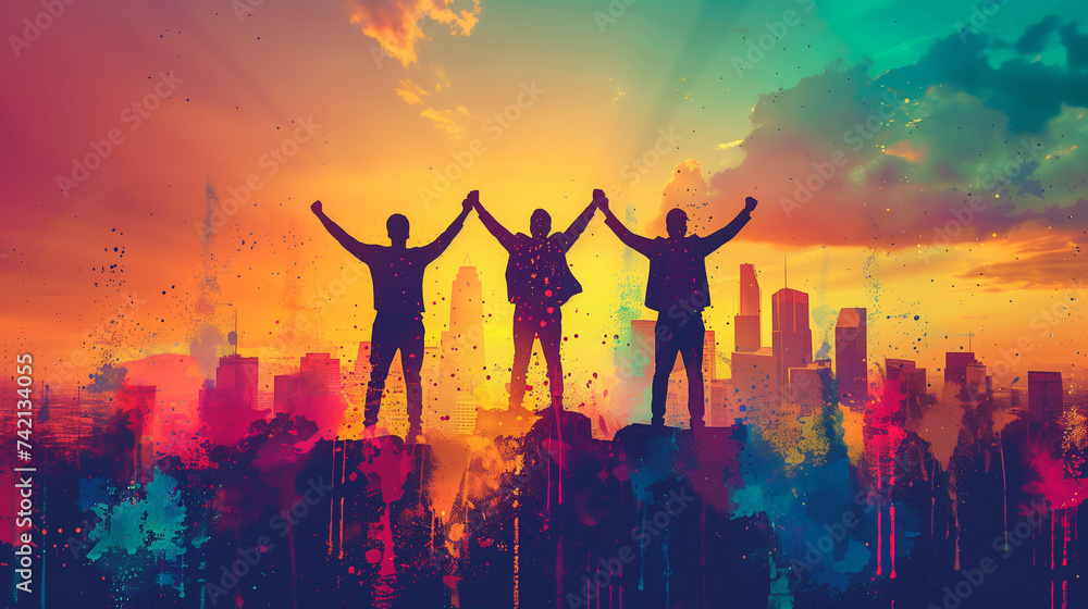 Illustration of three jubilant businessmen with raised fists, celebrating success with confetti against a cityscape backdrop. - obrazy, fototapety, plakaty 