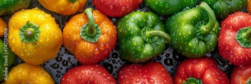 Colorful bell peppers with water droplets fresh vegetable backdrop for healthy eating concepts.