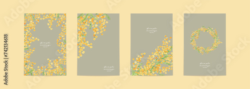 ミモザの水彩画。水彩タッチの春のミモザ背景。春の可愛いミモザ柄セット。Mimosa watercolor. Spring mimosa background with watercolor touch. Pretty spring mimosa pattern set.