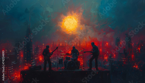 Artistic expressionist portrayal of musicians on a rooftop deeply engrossed in a passionate jam session city lights illuminating the scene high angle perspective