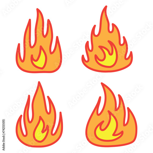 Collection of hand drawn fire icons. Fire Flame Icon Vector Set. Hand Drawn Doodle Sketch Fire, Black and White Drawing. Simple fire symbol.