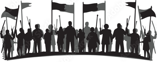 silhouette of a group of demonstrators carrying objects, wooden blocks, showing an action of defense. reject the decision, help others. on a white background