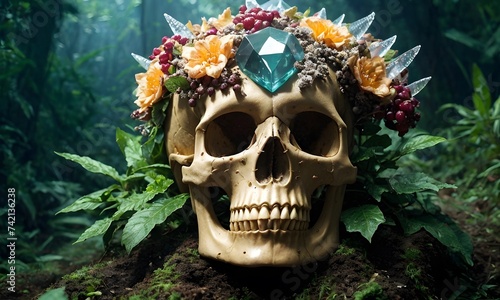 A skull adorned with a crown of terrestrial plants and a sparkling diamond perched on top, creating a unique and whimsical combination of bone, grass, and luxury