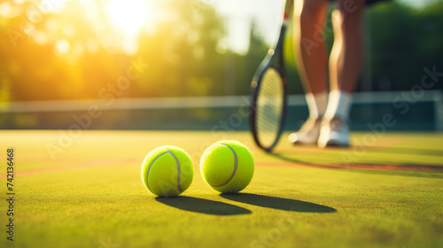 Tennis player with rackets and tennis balls on the grass court, outdoor sports