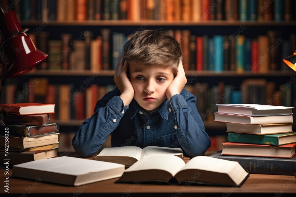 Overwhelmed by Studies. Young Boy Stressfully Surrounded by Books, Hands on Head. Overwhelmed by Studies. Young Boy Stressfully Surrounded by Books, Hands on Head.