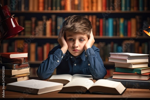 Overwhelmed by Studies. Young Boy Stressfully Surrounded by Books, Hands on Head.