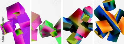 Flying 3d shapes, cubes and other geometric elements background design for wallpaper, business card, cover, poster, banner, brochure, header, website