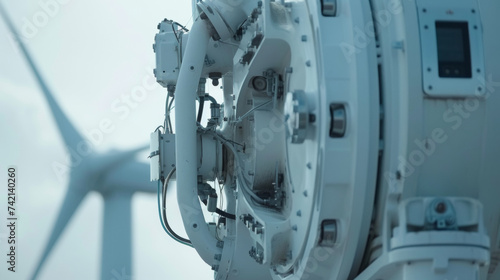 A closeup of the turbines yaw mechanism with wires and cables visible as it shifts to adjust to wind direction.