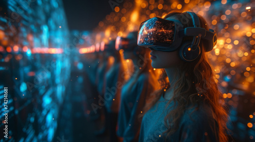 A virtual reality landscape filled with holographic projections of different industries as well as data showing investment trends and projections. In the center a group of