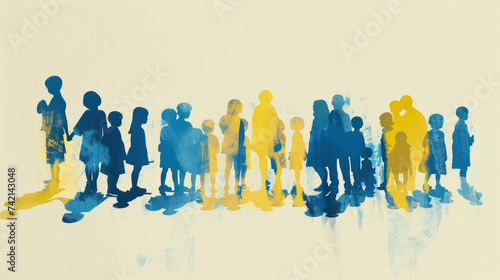 Illustration of silhouettes of a crowd of people painted in watercolor in yellow and blue colors. A concept on the topic of support for people with down syndrome #742143048