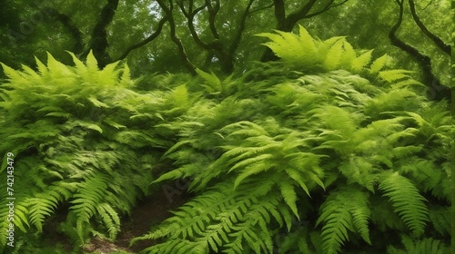 A verdantly thriving fern  bursting with vibrant green fronds swaying gently in a sunlit breeze. 