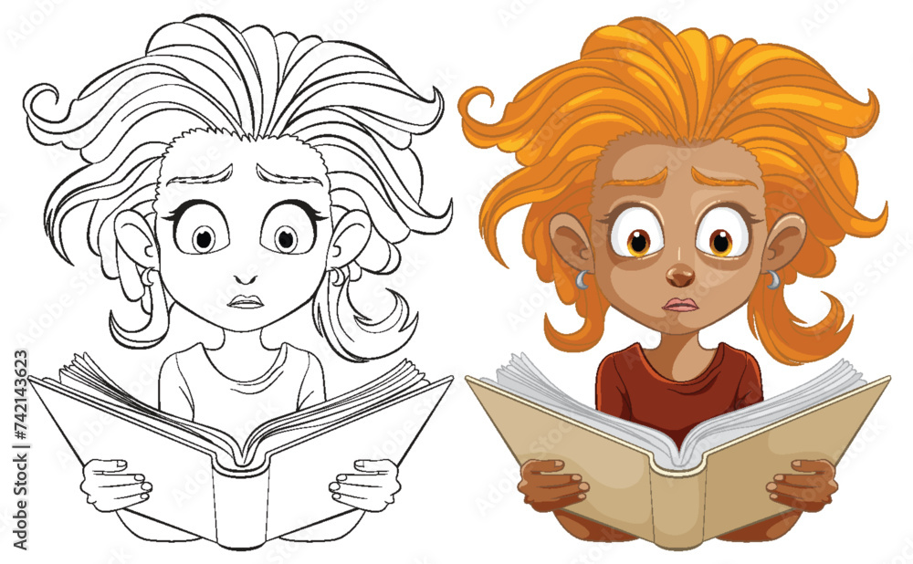 Two illustrations of a child reading with a shocked expression.