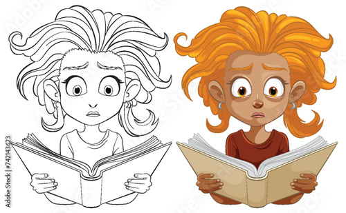 Two illustrations of a child reading with a shocked expression.
