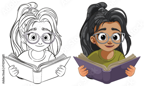 Colorful and grayscale illustrations of a reading girl