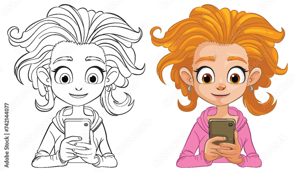 Illustration of a girl holding a smartphone, colored and outlined. Illustration of a girl holding a smartphone, colored and outlined.