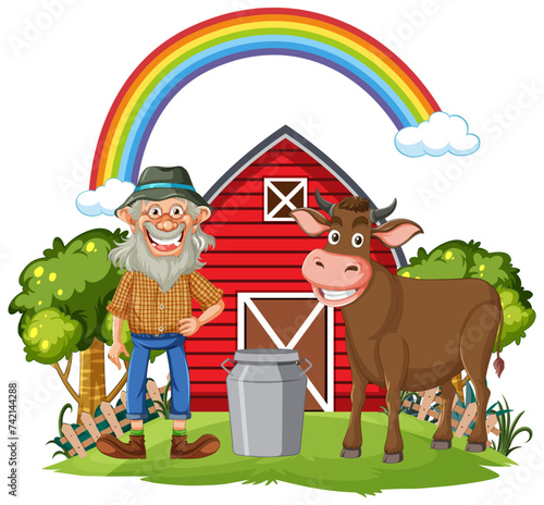 Cheerful farmer standing next to a brown cow.