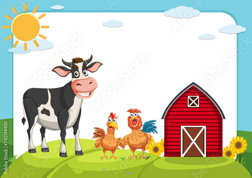 Cartoon cow and chickens near a red barn.