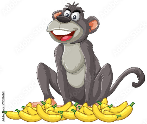 A happy cartoon monkey surrounded by bananas