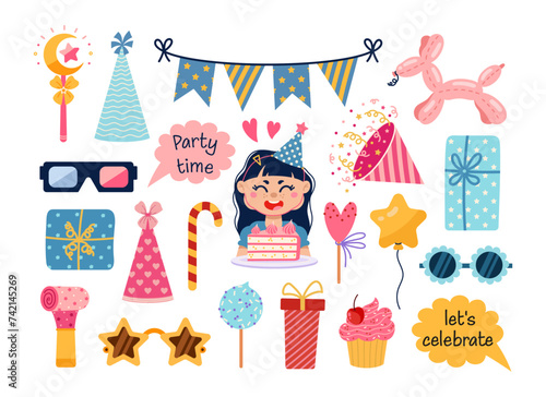 Birthday vector set. Cute smiling girl with a cake. Festive elements - firecracker, funny glasses, whistle, party hat, gift, balloon. Surprise for a kid, holiday celebration. Flat cartoon clipart