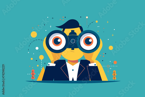 Businessman Observe Concept, Person Using Binocular Cartoon