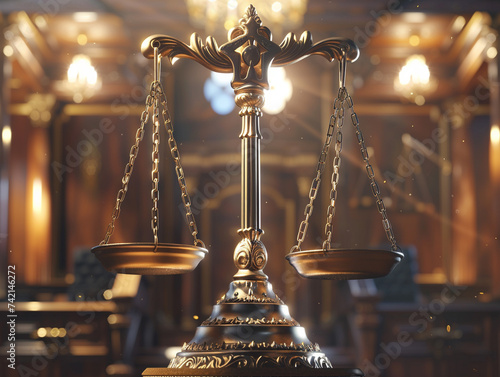 A balance of scales carefully held by a finely crafted hammer presided by an imposing figure of a judge Design your illustration in a unique 3D animated background photo