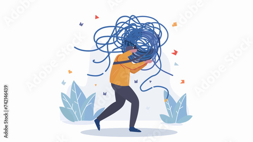 Concept of person stress and burden, person carrying messy lines flat design
