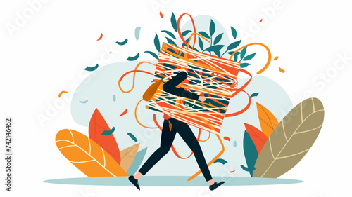 Concept of person stress and burden, person carrying messy lines flat design
