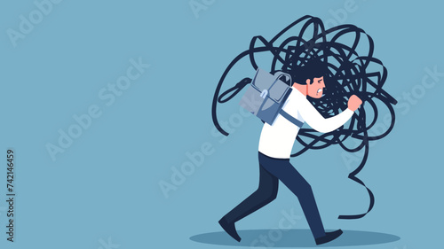 Concept of person stress and burden, person carrying messy lines flat design