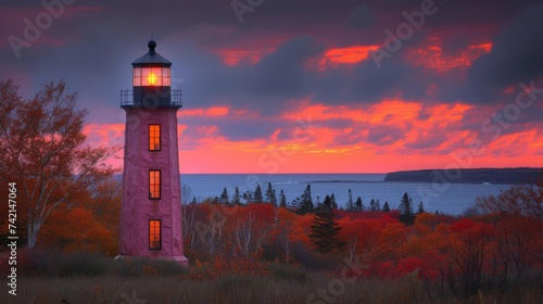 Twilight Glow on Lighthouse Amongst Autumn Foliage by the Sea