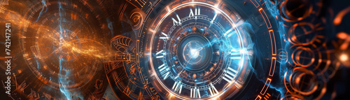 Illustrate the interplay between time travel and technology within an ethereal backdrop capturing the fusion of ancient artifacts and futuristic mechanisms within the notions of space time continuum photo