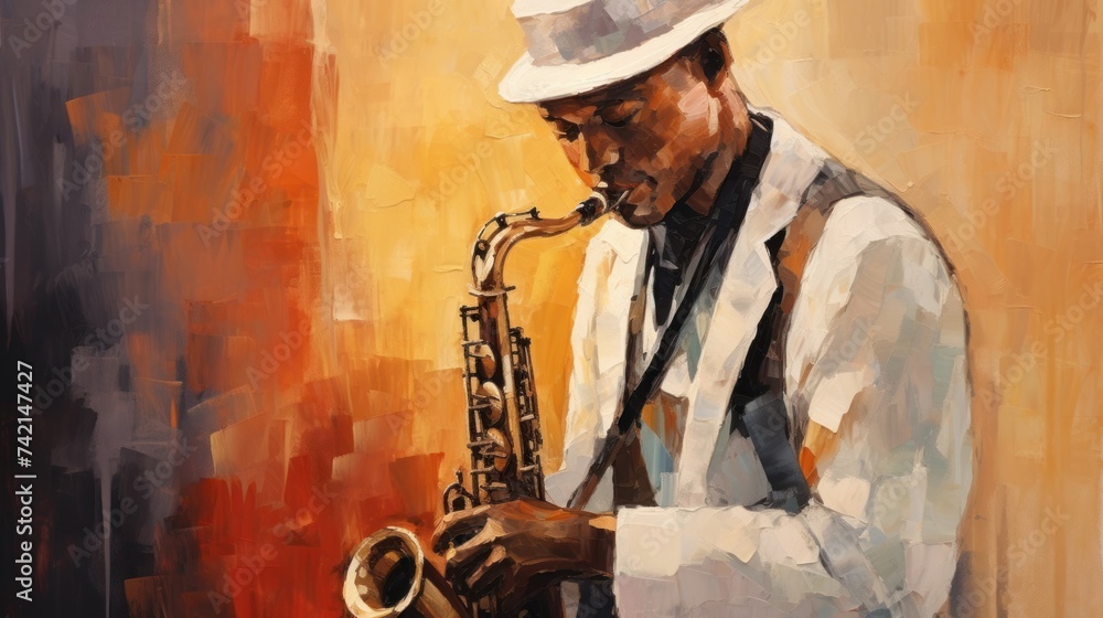 Stylish jazz band playing music on the scene, background is brown. Close-up fragment of  oil painting and brush. .The jazzman plays the saxophone, Generative AI 