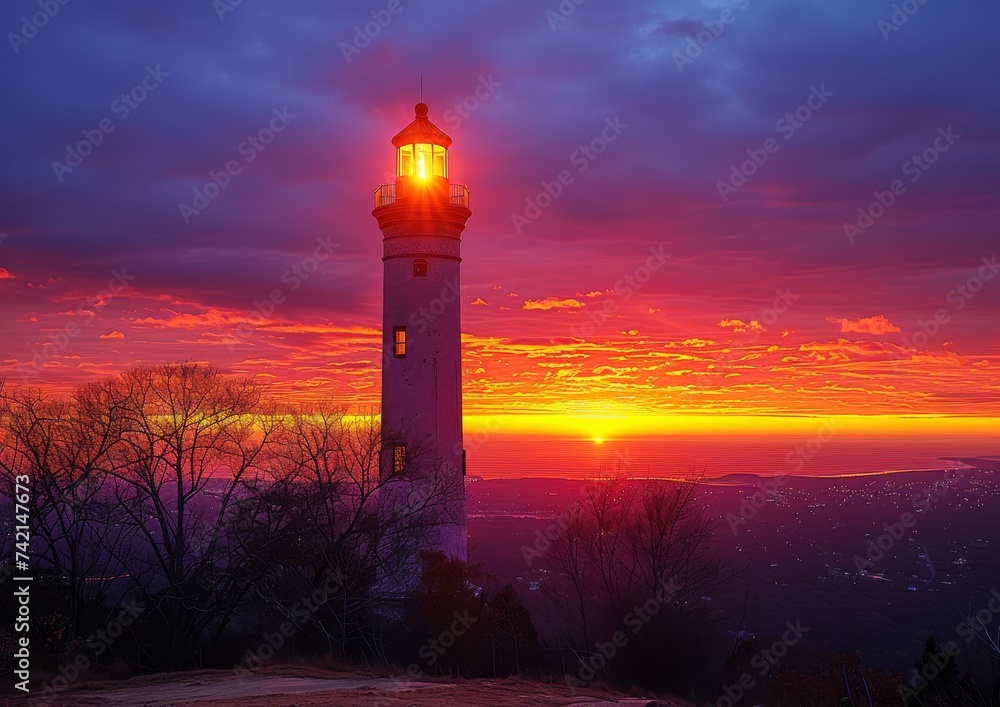 Historic Lighthouse Against Stunning Sunset Sky