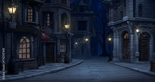 a scene of an alley with a dark street