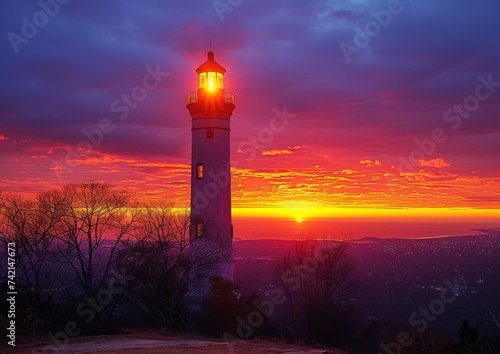 Historic Lighthouse Against Stunning Sunset Sky