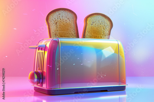 A multicoloured, 1960s mid century retro toaster with two pieces of breakfast toast against a fluoro pink and blue gradient background.  photo