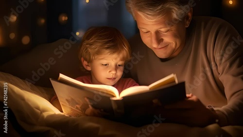 16:9 Father reads a story to his child before bedtime. Expressing love on Father's Day. photo