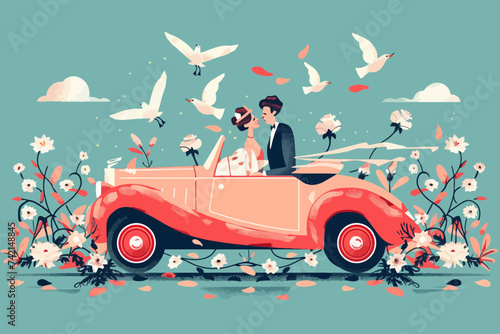 Couple in Wedding Car Flat Design