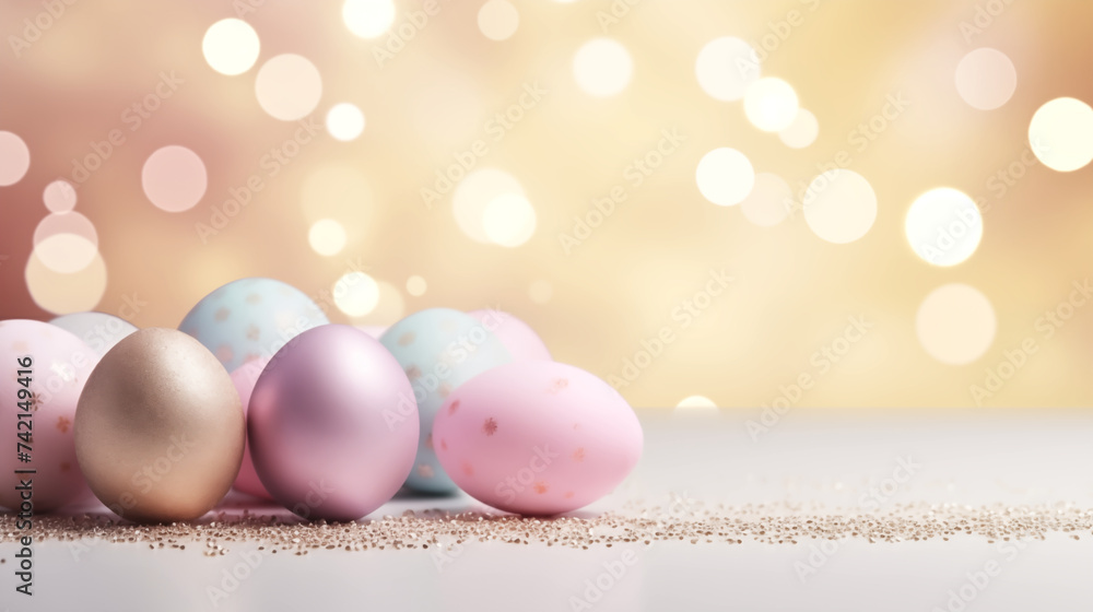 Easter eggs in pastel and golden color theme bankground, Easter festival and holiday background