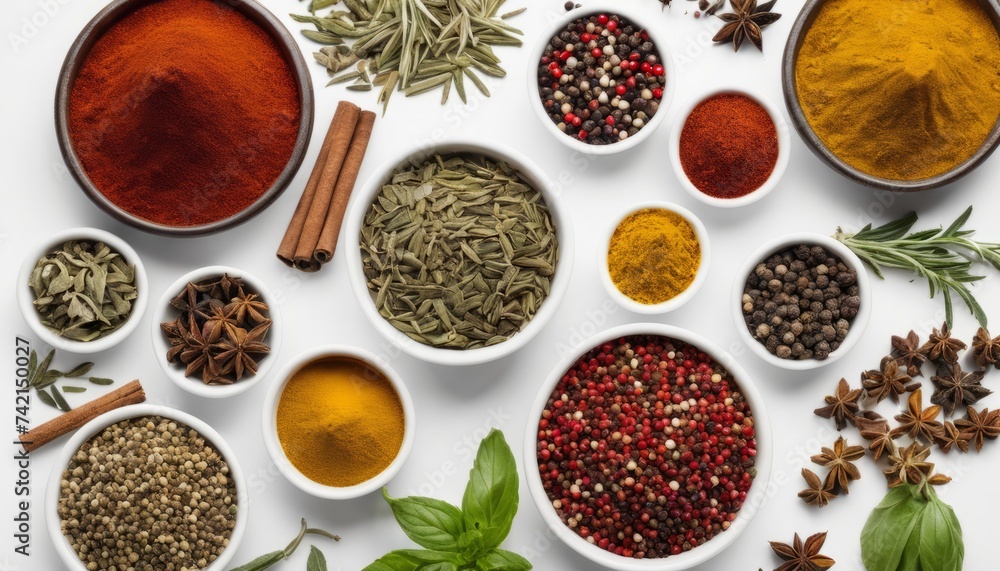 A colorful array of spices and herbs, ready to enhance your culinary creations A colorful array of spices and herbs, ready to enhance your culinary creations