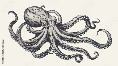 Illustration Black and white Octopus with tentacles