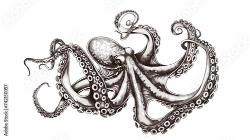 Illustration Black and white Octopus with tentacles