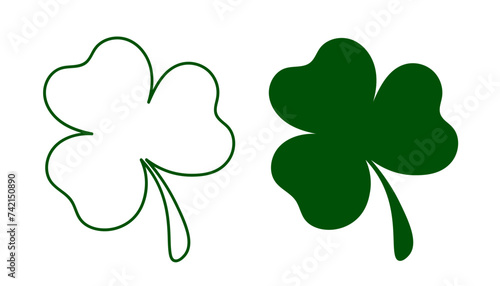 Green Clover leaf isolated on transparent background. Contour and solid fill. Flat style design elements. Happy St. Patrick's day. Vector illustration 